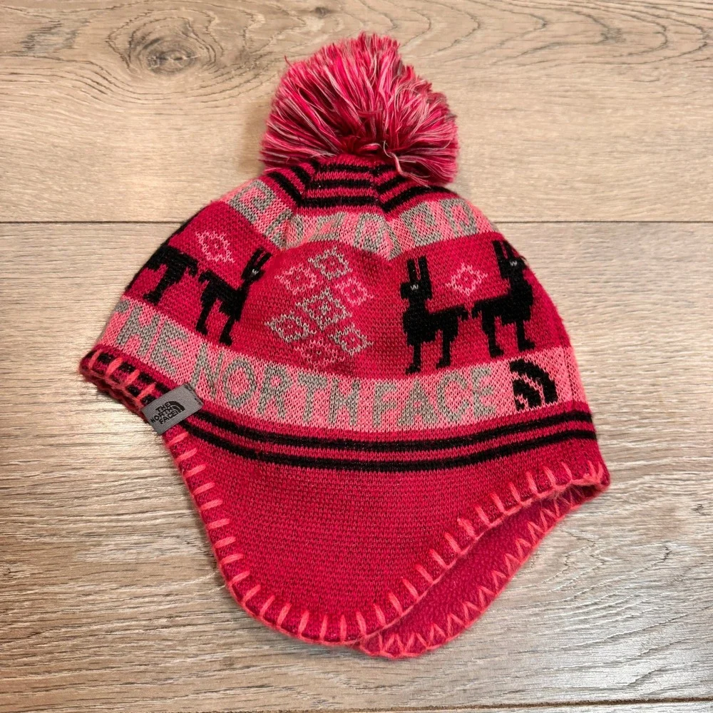 The North Face Infant Baby One‎ Size Pink Llama Fair Isle Pom Beanie Hat